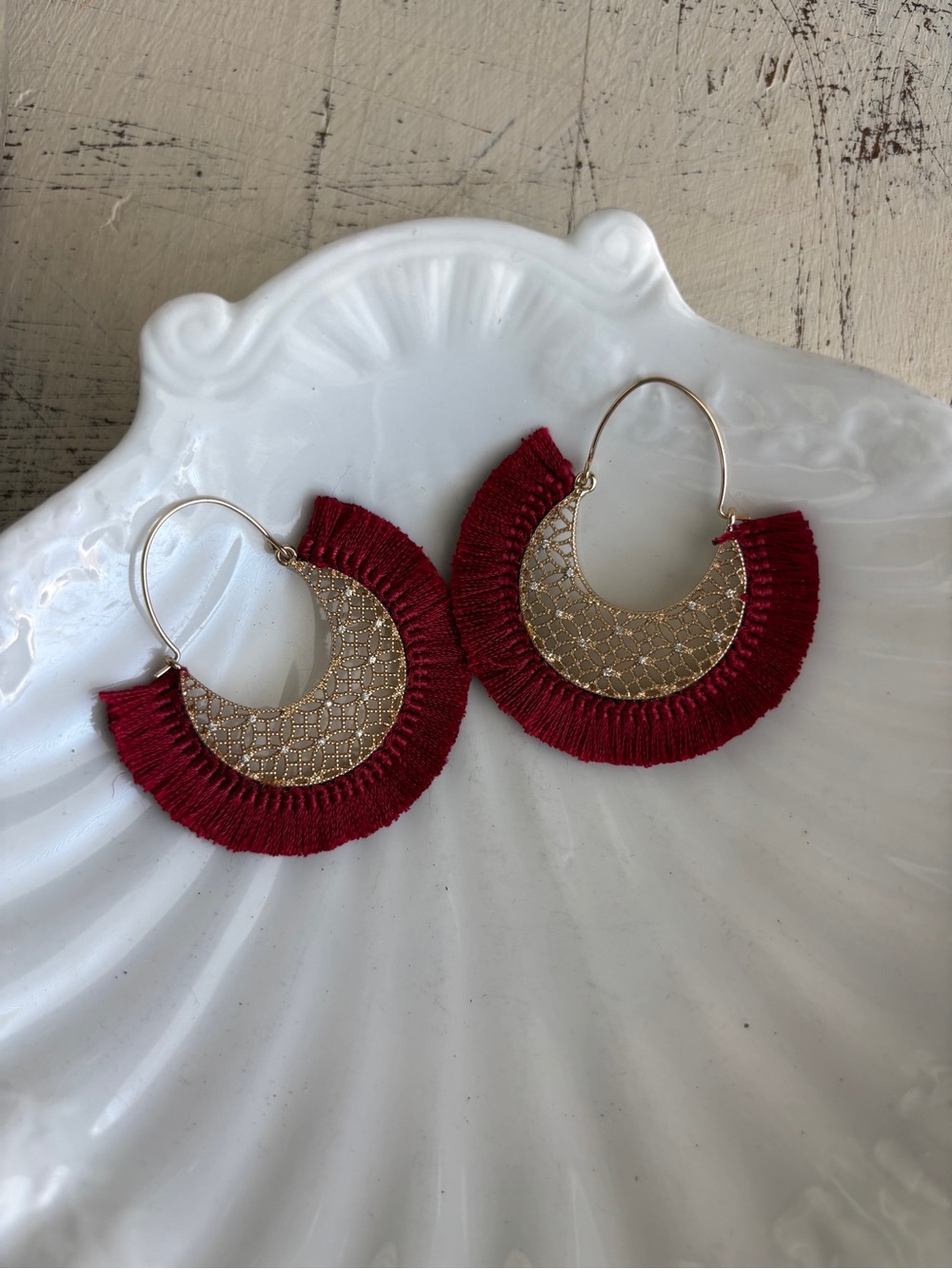 Gold Filigree Crescent Earrings with Wine Fringe